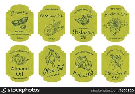 Stylish label with text on a bottle for organic oil, vector illustration. Fashionable logo for natural product packaging. Peanut, coconut and pistachio oils. Sunflower and almond oil sticker. Stylish label with text on bottle organic oil, set