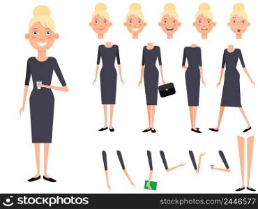 Stylish lady character set with different poses, emotions, gestures. Parts of body, coffee cup, diary, womens bag. Can be used for topics like lifestyle, businesswoman, successful lady