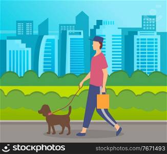 Stylish man walking with dog at leash in park at city buildings background. Guy in cap with bag walk with pet. Leisure activities outdoors. Spend free time at summer. Cartoon character with animal. Stylish guy in cap, holding bag walking with dog in urban park, city buildings at background