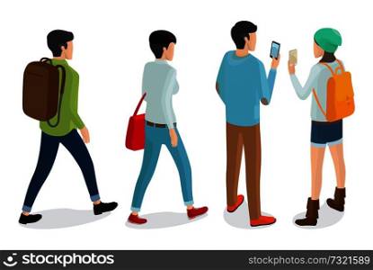 Stylish men and women models back view in fashionable apparels, jackets and trousers vector illustrations isolated on white. Students with telephone. Stylish Men and Women Models Back View in Apparels