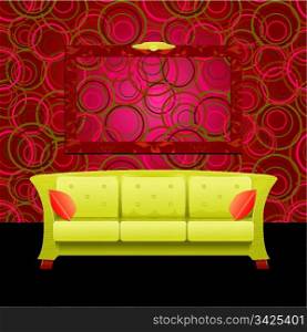 Stylish Modern interior with green sofa and blank frame on the wall, vector illustration