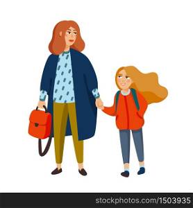 Stylish mother and daughter walking from school. Fashionable dressed mom walking with girl. Cartoon style vector illustration.. Stylish mother and daughter walking from school. Fashionable dressed mom walking with girl. Cartoon style vector illustration