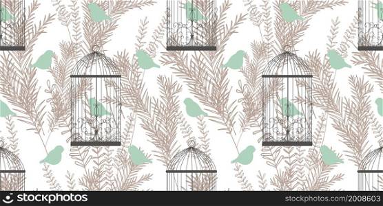 Stylish pattern with birds and cages in Victorian style. Birds of Paradise. Golden branches drawing. A modern pattern for wallcoverings, fabrics and textiles.. Stylish pattern with birds and cages in Victorian style. Birds of Paradise. Golden branches drawing. A modern pattern for wallcoverings, fabrics and textiles