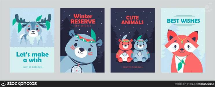 Stylish poster designs with cute mammals. Vivid brochures with fox, bear and deer for hotel. Forest wildlife and animals concept. Template for promotional leaflet or flyer