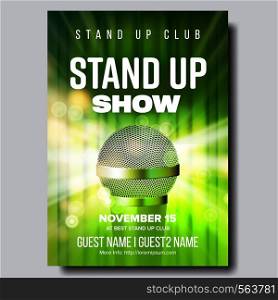 Stylish Poster Of Stand Up Show In Club Vector. Chrome Microphone, Green Curtain And Light Bubbles Due Spotlight On Poster With Information Artists Name. Humorous Concert Realistic 3d Illustration. Stylish Poster Of Stand Up Show In Club Vector