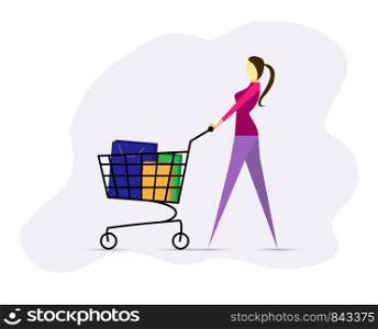 Stylish proud girl goes with empty supermarket shopping cart, flat design