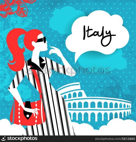 Stylish retro background with shopping woman silhouette in France. Vintage elegant design with hand drawn flowers and symbol of Rome ? Colosseum