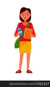 Stylish school girl student with handbag over shoulder, blue cup of coffee and textbook vector illustration cartoon female character in glasses isolated. Stylish School Girl with Handbag Over Shoulder