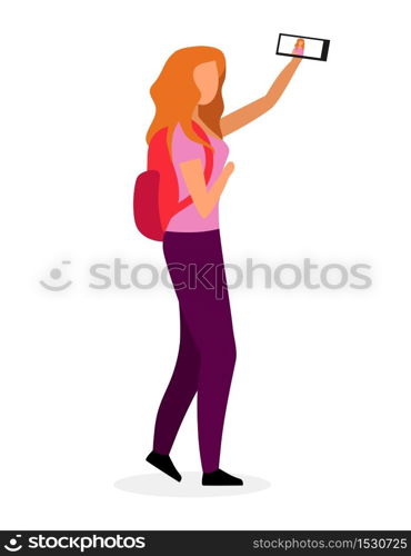 Stylish school girl taking selfie flat vector illustration. Modern teenage video blogger, vlogger, streamer, youtuber cartoon character. Teenager with backpack and smartphone going to school