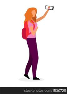 Stylish school girl taking selfie flat vector illustration. Modern teenage video blogger, vlogger, streamer, youtuber cartoon character. Teenager with backpack and smartphone going to school