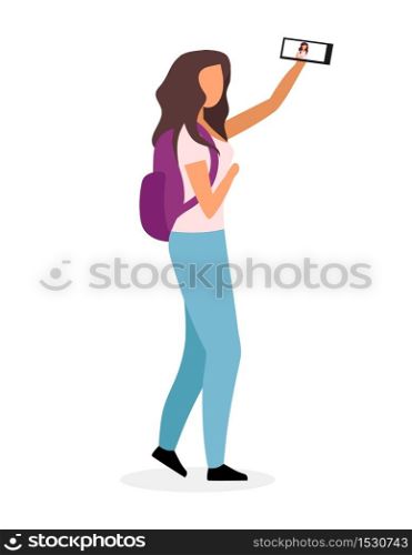 Stylish school girl taking selfie flat vector illustration. Modern teenage video blogger, vlogger cartoon character isolated on white background. Teenager with backpack and smartphone going to school