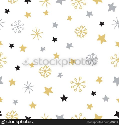Stylish seamless snowflake pattern. Vector background with hand drawn snowflakes and spots in pastel colors. Stylish seamless snowflake pattern. Vector background with hand drawn snowflakes stars and spots in silver and gold colors on white background. Pattern for textikle, posters, cards, scrapbooking, wrapping paper
