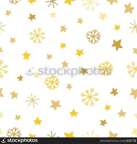 Stylish seamless snowflake pattern. Vector background with hand drawn snowflakes and spots in pastel colors. Stylish seamless snowflake pattern. Vector background with hand drawn snowflakes stars and spots in gold colors on white background. Pattern for textikle, posters, cards, scrapbooking, wrapping paper