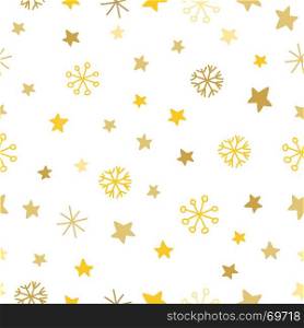 Stylish seamless snowflake pattern. Vector background with hand drawn snowflakes and spots in pastel colors. Stylish seamless snowflake pattern. Vector background with hand drawn snowflakes stars and spots in gold colors on white background. Pattern for textikle, posters, cards, scrapbooking, wrapping paper