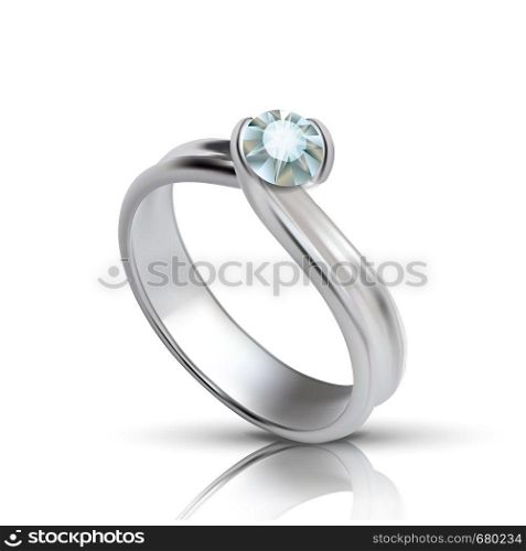 Stylish Silver Ring With Diamond On Top Vector. Female Adornment Ring With Faceted Jewelry Stone Elegance Gift On Christmas Or Birthday. Closeup Shine Luxury Accessory Realistic 3d Illustration. Stylish Silver Ring With Diamond On Top Vector