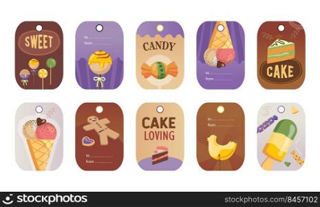 Stylish special tag designs for candy or sweet shop. Cartoon different desserts on colorful background. Tasty food and confectionery concept. Template for greeting labels or invitation card