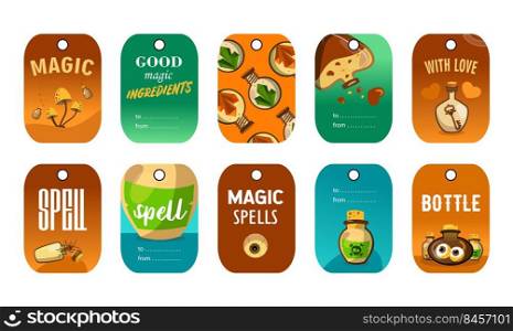 Stylish special tag designs for magic shop. Cartoon cute sea turtle character on colorful background. Witchcraft and spell ingredients concept. Template for greeting labels or invitation card