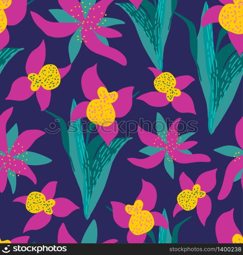 Stylish vintage floral seamless pattern. Orchid flowers and leaves on dark background. Stylish vintage floral seamless pattern. EPS8 vector.