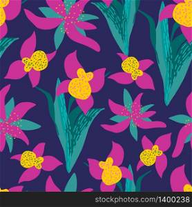 Stylish vintage floral seamless pattern. Orchid flowers and leaves on dark background. Stylish vintage floral seamless pattern. EPS8 vector.