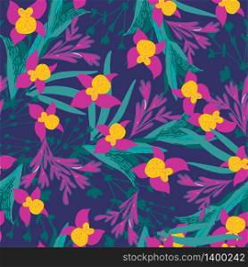 Stylish vintage floral seamless pattern. Orchid flowers and leaves on dark background. Stylish vintage floral seamless pattern. EPS8 vector.