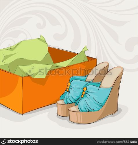 Stylish woman&#39;s blue sandals near open present box with packaging paper vector illustration