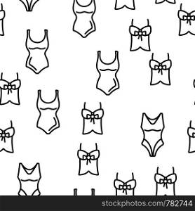 Stylish Woman Nightwear Seamless Pattern Vector. Collection Of Female Nightwear And Swimsuit Monochrome Texture Icons. Classical Nightdress Decorated Bow Template Flat Illustration. Stylish Woman Nightwear Seamless Pattern Vector