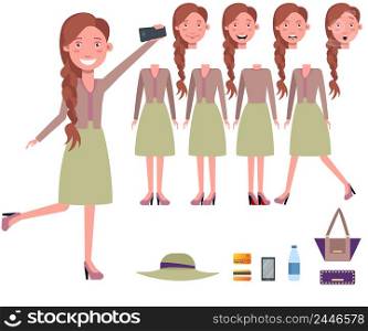 Stylish woman taking selfie character set with different poses, emotions, gestures. Parts of body, bag, water, smartphone, credit cards. Can be used for topics like lifestyle, fashion, lady
