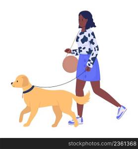 Stylish woman walking dog on street semi flat color vector characters. Walking figures. Full body person on white. Celebrity simple cartoon style illustration for web graphic design and animation. Stylish woman walking dog on street semi flat color vector characters