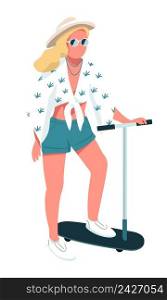 Stylish woman wearing outfit for travel occasion semi flat color vector character. Posing figure. Full body person on white. Simple cartoon style illustration for web graphic design and animation. Stylish woman wearing outfit for travel occasion semi flat color vector character