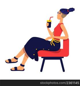 Stylish woman with cocktail beverage sitting on chair semi flat color vector character. Full body person on white. Relaxation simple cartoon style illustration for web graphic design and animation. Stylish woman with cocktail beverage sitting on chair semi flat color vector character