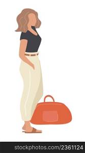 Stylish woman with wavy brown hair and big red bag semi flat color vector character. Standing figure. Full body person on white. Simple cartoon style illustration for web graphic design and animation. Stylish woman with wavy brown hair and big red bag semi flat color vector character