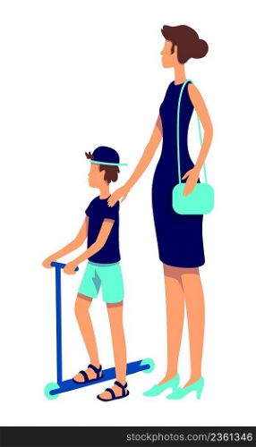 Stylish woman with young boy semi flat color vector characters. Full body people on white. Kid with kick scooter and mother simple cartoon style illustration for web graphic design and animation. Stylish woman with young boy semi flat color vector characters