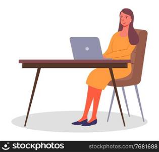 Stylish woman working with laptop. Businessperson sitting at table and typing at computer keyboard. Office worker and modern technology. Working woman wearing dress isolated at white, businesswoman. Stylish woman working with laptop, businesswoman in dress sitting at table and typing at computer