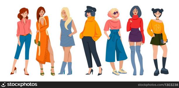 Stylish women. Cartoon fashion characters wearing elegant casual clothes, young hipster girls with formal outfits. Vector collection of trendy looks group young girl. Stylish women. Cartoon fashion characters wearing elegant casual clothes, young hipster girls with formal outfits. Vector collection of trendy