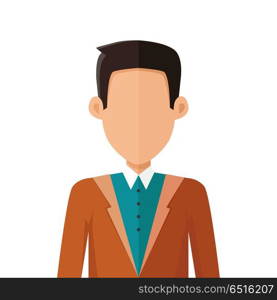 Stylish Young Man Avatar or Userpic in Flat Design. Stylish young man avatar or userpic in flat cartoon design. Man in the office suit. Close up portrait isolated. Part of series of diverse avatars without facial features. Vector illustration.
