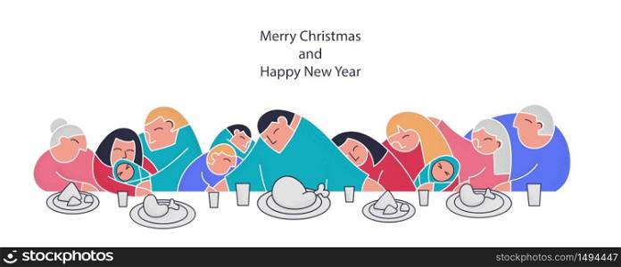 Stylization last supper flat collection family trendy flat people. Christmas dinner Turkey table. Daughter, mom, father, grandparents christian poster cartoon style. Merry Christmas trendy people.. Stylization last supper flat collection family trendy flat people