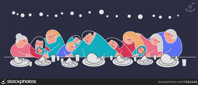 Stylization last supper flat collection family trendy flat people. Christmas dinner Turkey table. Daughter, mom, father, grandparents christian poster cartoon style. Merry Christmas trendy people.. Stylization last supper flat collection family trendy flat people