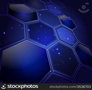 Stylized abstract background with glowing honeycombs and stars