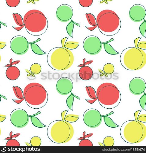 Stylized apples pattern, vector illustration. Fruits are red, green and yellow, simple shapes. Seamless background with fruits. Hand drawing template for wallpaper, packaging, fabric and design.