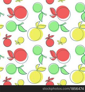 Stylized apples pattern, vector illustration. Fruits are red, green and yellow, simple shapes. Seamless background with fruits. Hand drawing template for wallpaper, packaging, fabric and design.