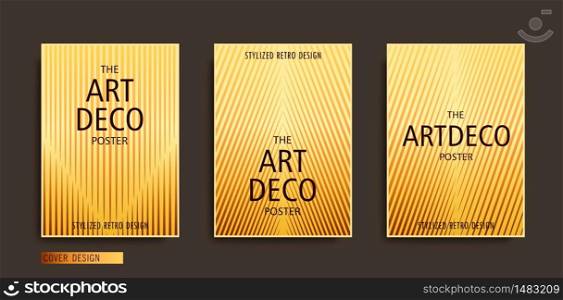 Stylized art-deco placards set. Modern A4 brochure template. Trendy geometric linear composition with golden gradient. Vector poster design. Stylized art-deco placards set. Modern A4 brochure template. Trendy geometric linear composition with golden gradient. Vector poster