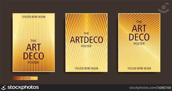 Stylized art-deco placards set. Modern A4 brochure template. Trendy geometric linear composition with golden gradient. Vector poster design. Stylized art-deco placards set. Modern A4 brochure template. Trendy geometric linear composition with golden gradient. Vector poster