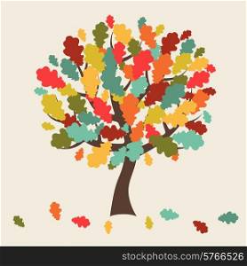 Stylized autumn tree with falling leaves for greeting card.