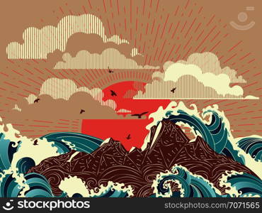 Stylized big waves of ocean or sea at sunset landscape, art poster design.