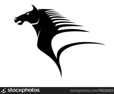 Stylized black and white illustration of the head of a horse with flying mane giving a dynamic appearance of speed