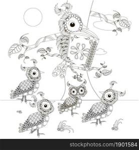 Stylized black and white reads owl and owlets on tree, hand drawn, vector illustration