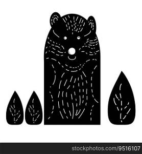 Stylized black bear with white strokes, shaded leaves, wild animal in cute style vector illustration