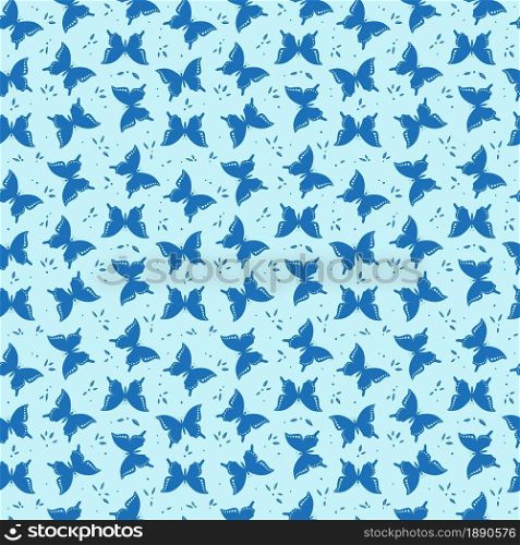 Stylized blue butterfly seamless pattern. Vector illustration.