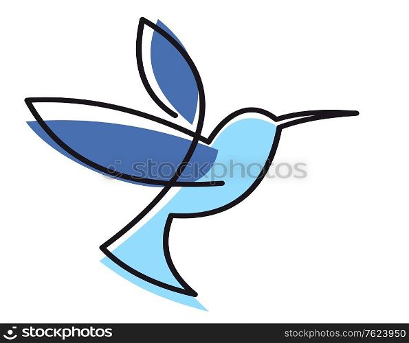 Stylized blue hovering hummingbird with a black outline isolated on white