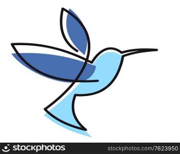 Stylized blue hovering hummingbird with a black outline isolated on white
